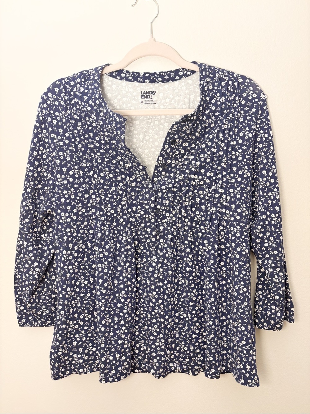 Lands' End Navy and White Floral Top